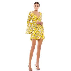 Ieena for Mac Duggal Mini Dress Women 2 Yellow Floral Bell Sleeve Minimalist NWT